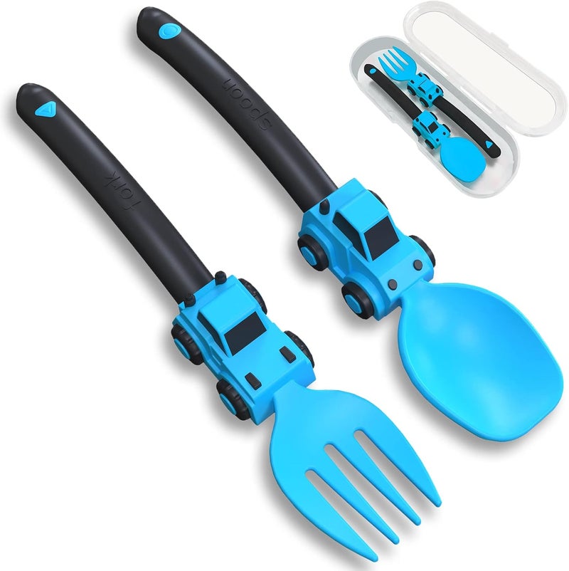 Deinyi Construction Toddler Utensils - Toddler Forks and Spoons - Kids Construction Truck Utensils - Forks and Spoons Silverware Set - Christmas Birthday Gift for 1 2 3 4 5 year old, Blue - Image 1